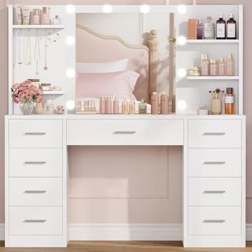 TEENFON Tocador de Maquillaje con Luces LED Regulables y enchufes, Mesa de Maquillaje con Espejo, 4 estantes Abiertos y 5 Ganchos para Joyas, Blanco, Tocador con 9 Cajones