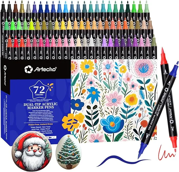 Artecho Lápices acrílicos de 72 colores, 0,5 – 5 mm, resistente al agua, doble punta (pincel y punta fina), con extremos dobles para pintura de roca, papel, madera, huevo, lienzo