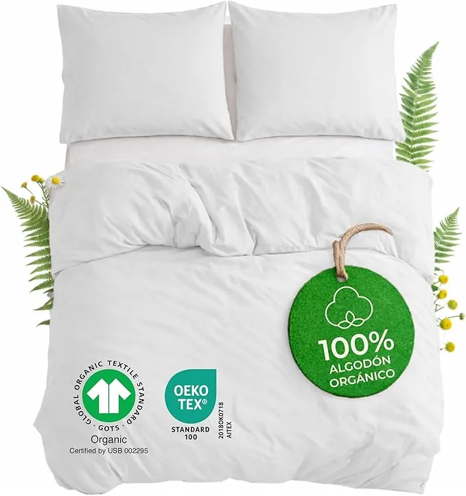 Dreamzie Funda Nordica Cama 200 Algodon Organico - Funda Nordica 240x220cm, Fundas de Almohada 65x65cm (x2) - Funda Edredon Ropa de Cama Algodon Percal 180 TC - Certificado Oeko-Tex & Gots - Blanco