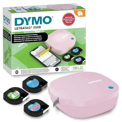 DYMO Kit de Etiquetadora LetraTag 200B con Bluetooth en Rosa | Impresora de etiquetas compacta | Se conecta mediante tecnología inalámbrica Bluetooth a iOS y Android | Incluye 3 cintas de etiquetas