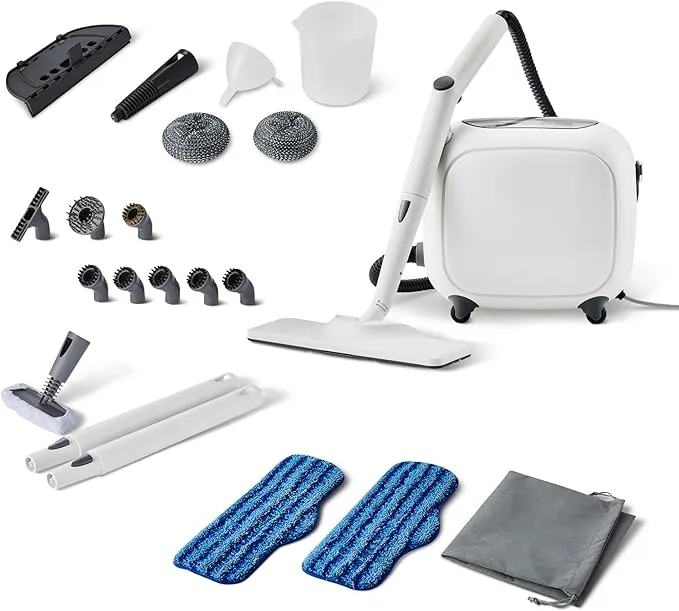 Amazon Basics Limpiador a Vapor Multiusos con 22 Accesorios, Depósito de 1,5L, 1500W, Blanco