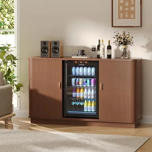 CSstone Mueble Bar de café con Puerta Enrollable de 130 cm de Largo con Espacio para refrigerador, aparador Retro Multifuncional con estación de Carga, botellero extraíble y estantes Ajustables.