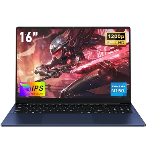 NAIKLULU 16 Pulgadas Pc Ordenador Portatil RAM 16GB SSD 1TB, Processor N150 (1,2 a 3,6GHz) Laptop 2026 Notebook Computadora Portatil, 6000Mah/Teclado Completo Retroiluminado/1920x1200P/Webcam