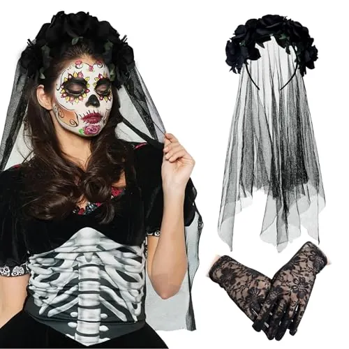 XIMEY Diadema Día de los Muertos, Diadema Catrina Mujer, Diadema Halloween Mujer, Velo Novia Cadaver, Velo Negro Halloween, Velo de Novia Negro, Accesorios Halloween Mujer (Negro)