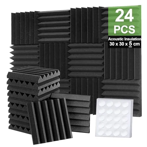 Foneso Espuma Acústica, 30x30x5 cm (Densidad: 25 kg/m³) pared Absorbente de Sonido de alta Densidad 3D, Materiales de Aislamiento Acústico para Salas de Grabación y Oficinas (Negro, 48 Piezas)