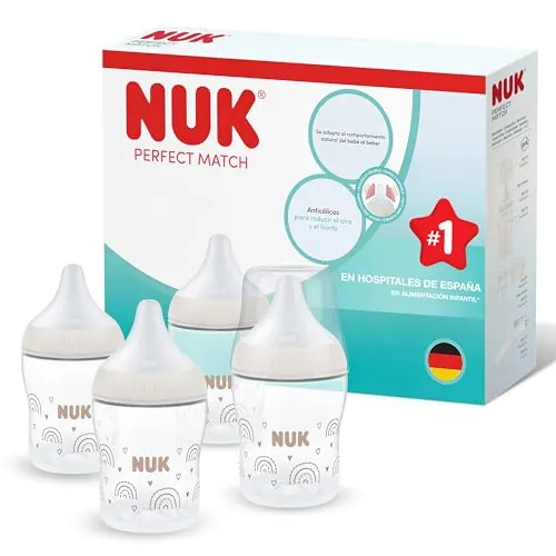 NUK Perfect Match Biberón | 0+ meses | 150 ml | Biberón anticólicos recién nacido | PP | Indicador de control de temperatura | Arcoíris | 4 unidades