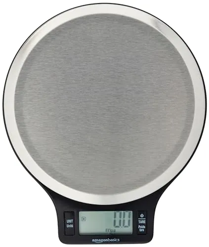 Amazon Basics Báscula de Cocina Digital con Pantalla LCD, sin bisfenol A (BPA), de Acero Inoxidable (Pilas Incluidas), Pesa hasta 11 Libras, Negro