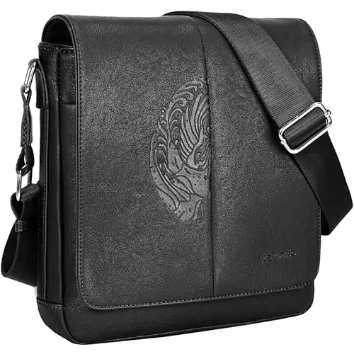 Leathario Bolso Bandolera para Hombre de Cuero Vegetal Vintage - Bolsa de Mensajero Grande Negocio Crossbody Casual Negro Espejo