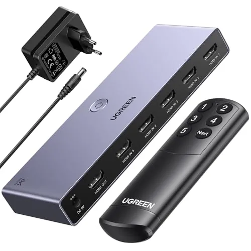 UGREEN 8K 60Hz Switch HDMI 2.1 5 Entradas 1 Salida 4K 240Hz HDCP 2.3 Adaptador de Corriente Conmutador con Mando a Distancia Compatible con PS5/4 Xbox Nintendo Switch DVD Apple TV Fire Stick