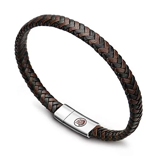 Casisto.J Pulsera Cuero Hombre - Pulsera Trenzada Hecha a Mano clásica en Negro y marrón con Cierre magnético Grabado Joyas Gratis en Caja