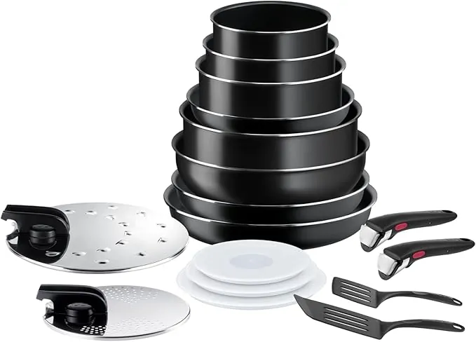 Tefal Ingenio Easy On - Juego de 3 Sartenes 22/26/28 cm + 3 Cazos 16/18/20 cm + Guisera 24 cm + Wok 26 cm + 9 Accesorios, No apto inducción, antiadherentes, apto lavavajillas y horno