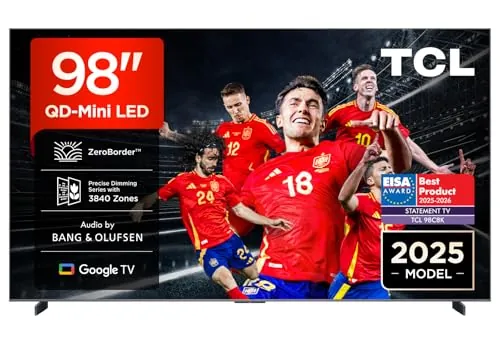 TCL 98Q8C Televisor 98 Pulgadas QD-Mini LED 4K Smart TV, 5000 nits HDR Premium, Bang & Olufsen, ZeroBorder, Google TV, Dolby Vision IQ y Atmos, Game Master