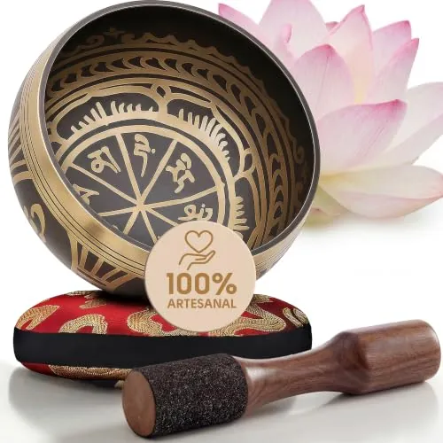 Juego de cuencos tibetanos, fáciles de tocar, con cojín y golpeador de doble extremo, hermoso sonido para curación holística, alivio del estrés, meditación y relajación ~ Patrón de gratitud ~ Cuenco marrón claro antiguo