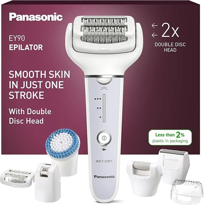 Panasonic ES-EY90-A503 Húmedo y Seco Depiladora, Doble Disco con 60 Pinzas, Flexible 90º Pivotante Cabeza, 3 velocidad Ajustes, LED Luz, 30 Min de Operación, Cabeza para Cuidado Pies, Cabeza Afeitado