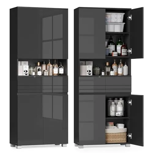 VASAGLE Armario de Baño, Mueble de Almacenamiento, 60 x 30 x 170.5 cm | Con 2 Cajones, Compartimientos, Estantes Ajustables, Negro Tinta, Colección Kailyn, BBC563BH01