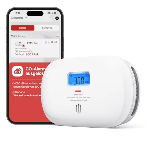 X-Sense Detector Inteligente de monóxido de Carbono XC0C-iR, Alarma de CO con Pantalla Digital LCD, Alarma portátil de monóxido de Carbono para Viajes, Paquete de 1 Unidad