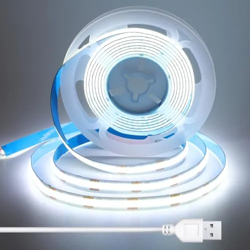 Tira LED COB 2m con cable USB 1.5 m, sin punto, 8 mm ancho, CRI 92+, Flexible y Autoadhesiva para retroiluminación de escritorios, monitores, caravanas, armarios y alacenas, Blanco Frío 6000K