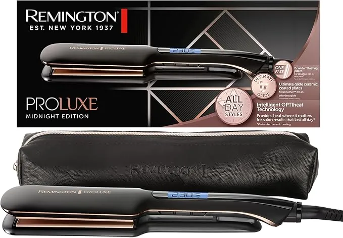 Remington Plancha de Pelo ProLuxe Midnight placas anchas - Tecnología OPTIHeat, Placas Flotantes Extralargas, Resultados Profesionales, Cerámica, Ajuste Pro+, Digital - S9150B, Negro, placas anchas