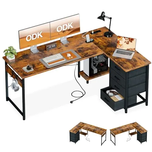 ODK Escritorio Esquinero con Cajones, 155×110 cm Escritorio en L con Enchufes y Puerto de Carga USB, Escritorio Esquina Reversible con Almacenamiento para Oficina en Casa, Madera Vintage