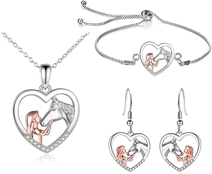 TOFBS Collar de Niña y Caballo Pendientes y pulsera Conjuntos de Joyas Plata Corazón Colgante Collar Juego de Joyas para Mujer y Niñas Novia Esposa Mamá Hija Amante de los caballos