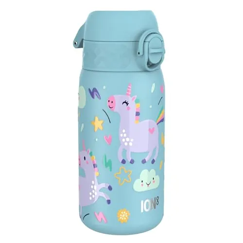 ion8 Botella Agua Inox Ligero para Niños, 400ml, Sin Aislamiento, a Prueba de Fugas, Fácil de Abrir, Cerradura Segura, Apta para Lavavajillas, Tapa Abatible, Fácil de Limpiar, Unicornios, Azul