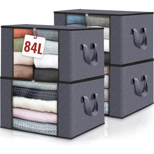 edihome, Cajas Almacenaje Ropa, Bolsas para Guardar Ropa, Organizador Armario, con Asas Reforzadas, Cajas Organizadoras, Fundas de Tela Resistente (Gris oscuro, Pack de 4)