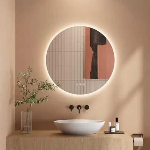 Dripex Espejo Baño con Luz LED, Redondo 60cm Baño Iluminado con 3 Colores de Luz Regulable, Función Antivaho, Vidrio HD con Protección Antiexplosiva, Interruptor táctil,IP44 Impermeable