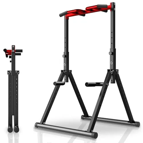 WATBKHE Estación plegable para dominadas de pie para gimnasio en casa, multifuncional, para entrenamiento de fuerza (Negro, Rojo - Multifuncional)