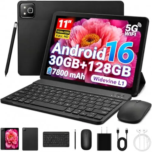 NIDUBIO 2026 andriod 16 Tablet con Teclado, Tablet de 11 Pulgadas 30GB RAM+128GB ROM+1TB, 7800mAh, procesador de 5 núcleos, Tableta 2 en 1 con Funda, Ratón y Lápiz Óptico (Negra)