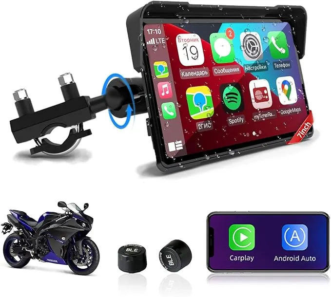 Jansite Carplay Moto Android Auto con TPMS, 7" GPS Moto Navegador Pantalla Táctil Resistente al Agua IP67 Bluetooth Siri y Asistente de Google