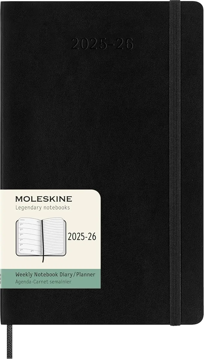 Moleskine Weekly Planner 2025-2026, Agenda Semanal 18 Meses Con Espacio para Notas, Tapa Suave y Cierre Elástico, Formato Grande 13 x 21 cm, Color Negro