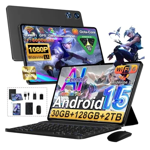2026 Tablet Android 15, 128GB ROM+2TB TF, 30 RAM,10 Pulgadas Tablet táctil con Teclado y ratón,1280 * 800 IPS HD, Widevine L1, Gemini AI,2.4G/5G WiFi, Octa-Core, 5+8MP, BT 5.0, 8000mAh, Metálica,Negro