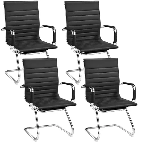 Yaheetech Juego de 4 Sillas de Recepción de Conferencia Negro | Silla de Visitante con Estructura Cromada, de Poliuretano, para Comedor, Dormitorio y Salón, Capacidad 136 KG
