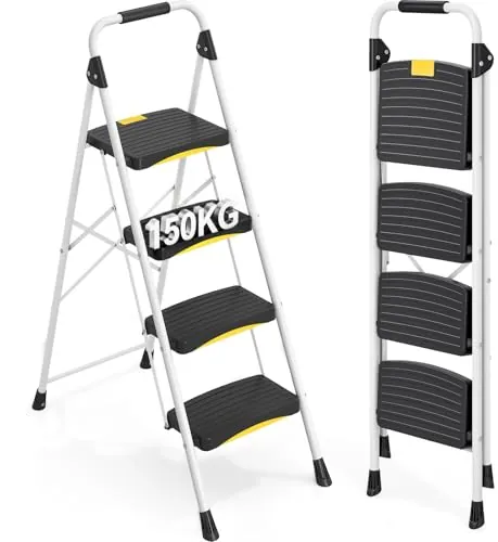 Urackify Escalera 4 Peldaños Plegable, Carga hasta 150kg, Bloqueo de Seguridad, Pedal Ancho Antideslizante, Pasamanos, Escaleras de Tijera Portátil de Acero para Hogar, Cocina, Oficina, Blanco