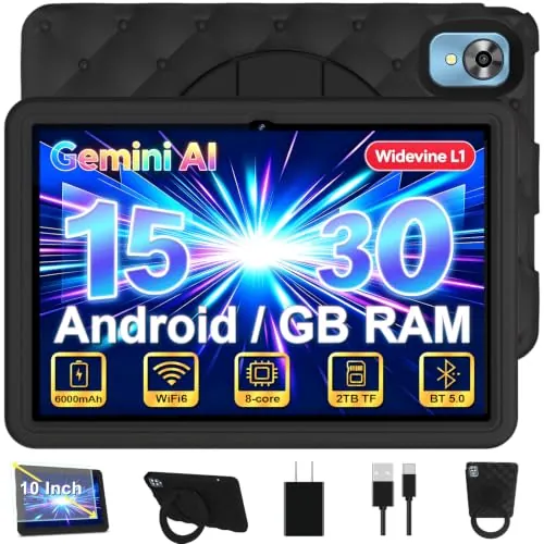 DMOAO Tablet para Niños 10 Pulgadas Android 15 con 30 GB RAM, 5G WiFi 6, Control Parental, 8-Core, 8MP + 5MP, 6000 mAh, Tablet Infantil con Funda Protectora EVA + Soporte 360° Giratorio, Negro