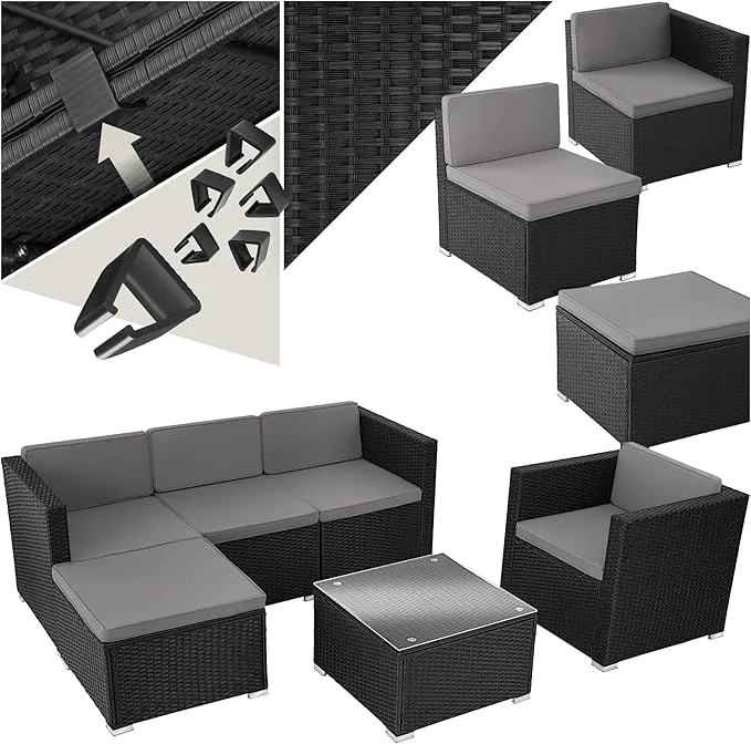 TecTake® Conjunto Jardín Combinable en Ratán y Acero de 6 plazas, Conjunto Terraza Resistente a la Intemperie, Muebles Jardín Exterior 4 Sillones, 1 Mesa Cristal, 1 Taburete, Fundas Extraíbles - Negro