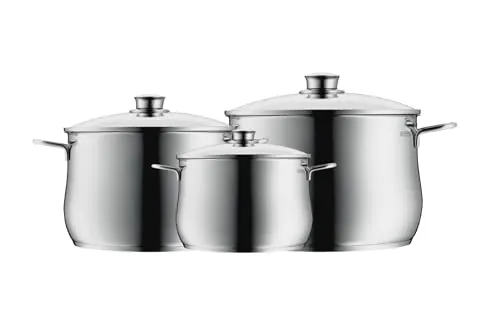 WMF Diadem Plus - Batería de Cocina 6 Piezas, 3 Cacerolas Altas de 16 cm, 20 cm y 24 cm con 3 Tapas de Cristal, Acero Inoxidable Cromargan Apto para Inducción