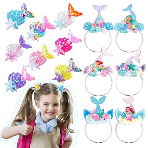 JWTRSVTY Diadema Cola De Sirena, Pequeños Tocados, Fiesta Temática Accesorios, Dibujos Animados + 8 Horquillas Lentejuelas + 6 Diademas Sirena
