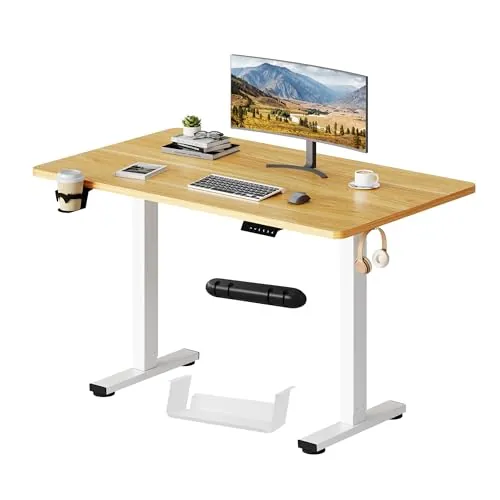 SANODESK Escritorio Elevable Eléctrico 110cm con Tablero Entero, Regulable en Altura con Memoria, Estable y Silencioso, Soporte hasta 100 kg, con Gancho y Portabotella, Oficina y Hogar(Arce)
