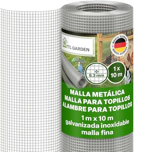 TTL GARDEN 1 m x 10 m, malla fina galvanizada, malla de 6,3 mm, grosor de alambre de 0,55 mm – en rollo de malla de alambre para aviarios, malla para conejos, 10 m x 1 m de ancho, ancho de malla de