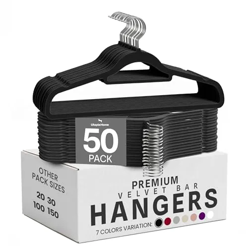 Utopia Home Perchas Terciopelo con Tie Bar (Negro, Paquete de 50)