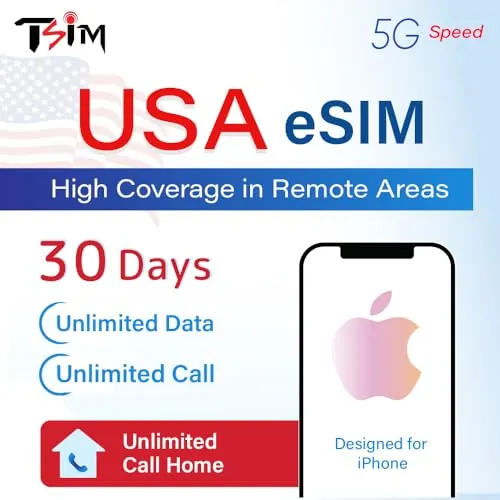 eSIM USA para Turistas – Datos 5G Ilimitados + Llamadas y SMS Ilimitados | Alta Cobertura en Zonas Remotas | Plan de 30 Días | Número de EE. UU. y 10 GB de Hotspot | Diseñada para iPhone