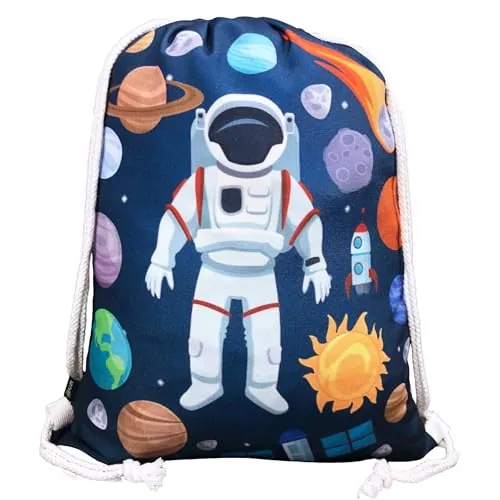 HECKBO bolso de gimnasia para niños con motivos espaciales de astronauta unisex - Jardín de infancia, guardería, viajes, deportes - adecuado como bolsa de gimnasia, mochila, bolsa de juego (blanco)