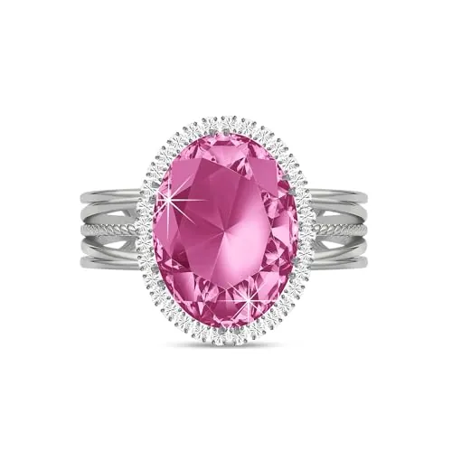 Linawe Anillo rosa ajustable, llamativo anillo de plata para mujer, anillo con piedra y diamante, anillo con piedras preciosas, anillos de plata bohemio y moissanita, joyería de moda