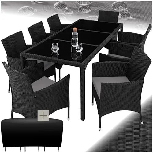 tectake® Conjunto Jardín Exterior de Ratán y Acero con Cojines, Muebles Jardín Exterior Resistentes a Intemperie, para hasta 8 Personas, Fácil Limpieza, 2 Fundas - Negro/Gris