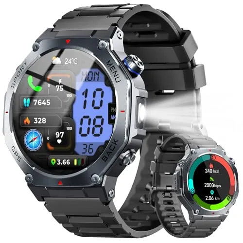 Reloj Inteligente Hombre con GPS, 1.43" AMOLED Militar Smartwatch con Llamadas Bluetooth/Podómetro/Monitoreo de Sueño/Pulsómetro/SpO2, 5ATM smart watch 160+ Deportes Pulsera Actividad para Android iOS