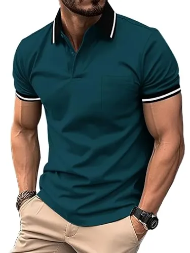 ZITY Polo Hombre Manga Corta Polo Golf Transpirable Verano Camisetas Deportivos con Bolsillo Azul Petróleo M