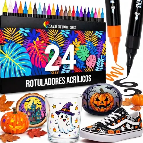 Zenacolor Rotuladores Acrilicos Doble Punta (Fina y Pincel) – 24 Colores Permanentes para Lettering, Marcadores Acrílicos para Pintar en Varias Superficies