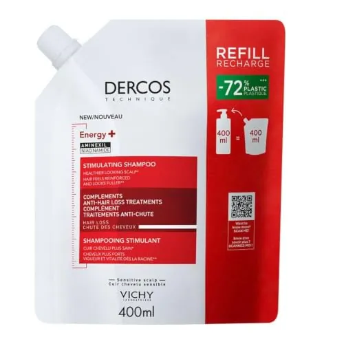 Vichy Recarga de Champú Anticaída, Efecto Estimulante, Apto Para Todo Tipo de Cabello, Cuero Cabelludo Sano y Detoxificado, Con Aminexil, Energy+, Dercos Technique, 400 ml