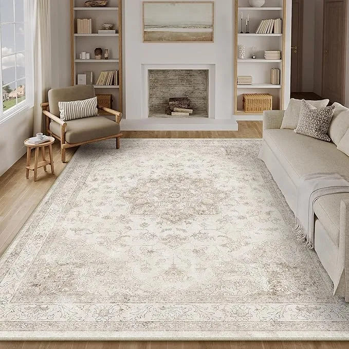 PureCozy Vintage Alfombra Salon 200x300cm Beige Habitacion Lavables en Lavadora Antideslizante Alfombras Sala Dormitorio Cocina Comedor Grande Carpet Pelo Corto Rug